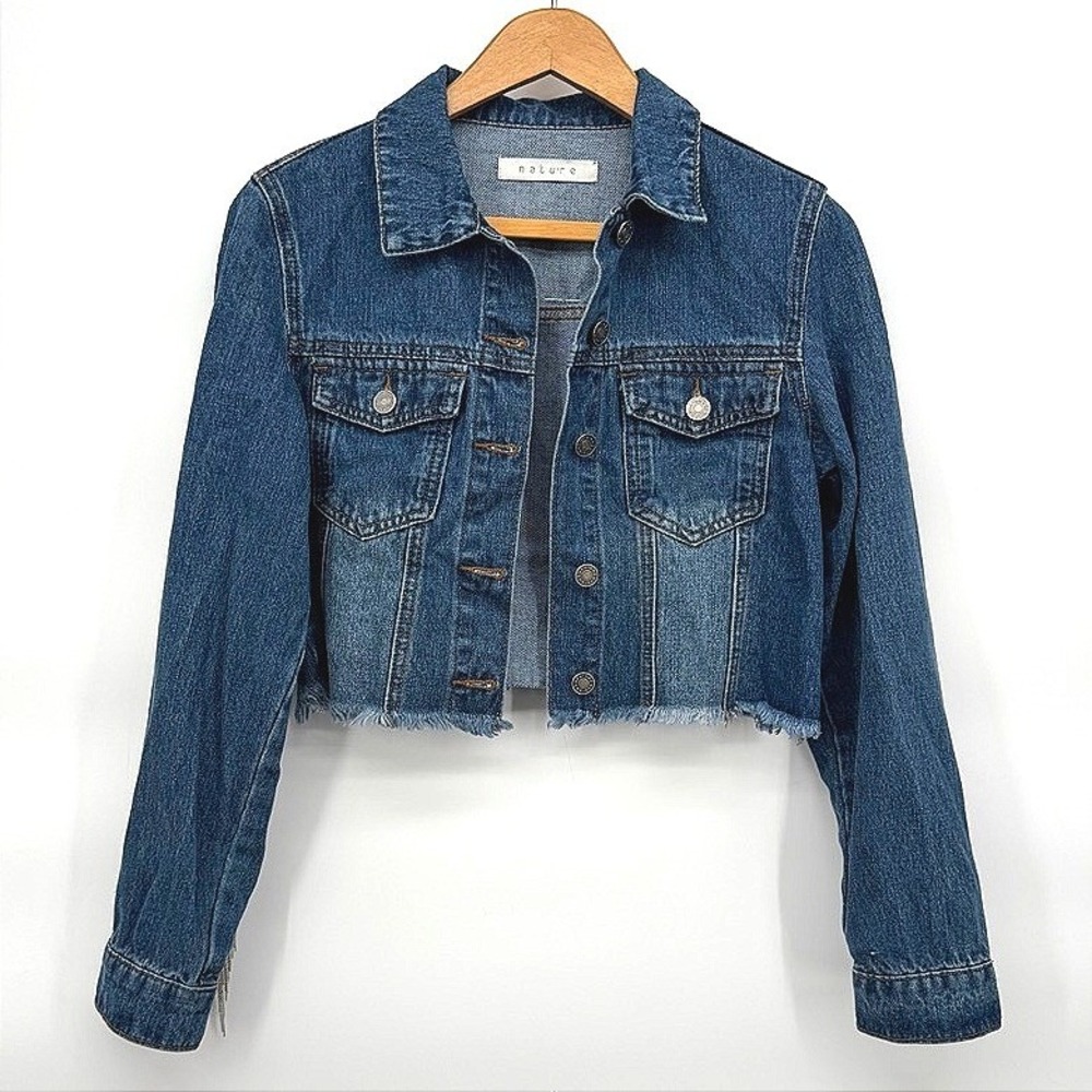 Nature Denim Jacket Rhinestone Fringe Cropped Country Western Festival Small